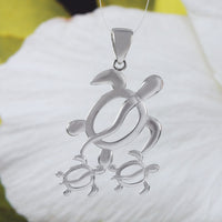 Magnifique collier et boucles d'oreilles hawaïennes de grande taille pour maman et 2 bébés tortues de mer, pendentif en argent sterling pour famille de tortues de mer N6027S1, cadeau d'anniversaire pour maman