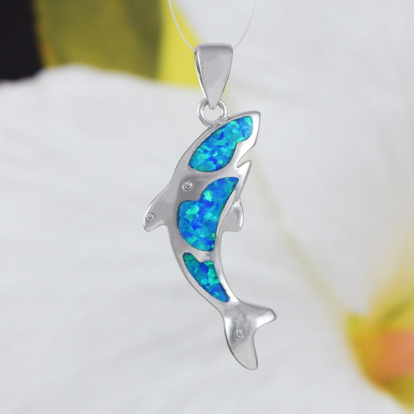 Unique Hawaiian Blue Opal Orca Whale Necklace, Sterling Silver Blue Opal Orca Killer Whale CZ Eye Pendant, N6166 Birthday Mother Mom Gift - Hawaii Treasures Shop