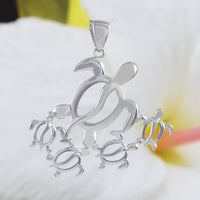 Superbe collier et boucles d'oreilles XL pour maman et 4 bébés tortues de mer, pendentif famille tortues de mer hawaïennes en argent sterling N6171S Cadeau d'anniversaire pour maman