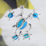 Gorgeous Hawaiian X-Large Mom & 2 Baby Sea Turtle Earring and Necklace, Sterling Silver Blue Opal Turtle Family Pendant N6169S Birthday Gift