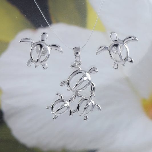 Beautiful Mom & 2 Baby Sea Turtle Earring and Necklace, Sterling Silver Hawaiian Sea Turtle Pendant, N6026S Birthday Mother Wife Mom Gift