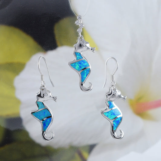 Boucles d'oreilles et collier uniques en forme d'hippocampe en opale bleue hawaïenne, pendentif en argent sterling avec opale bleue, cadeau d'anniversaire pour maman N6167S