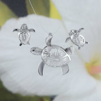 Beautiful Hawaiian Large Sea Turtle Hibiscus Earring and Necklace, Sterling Silver Turtle Hibiscus CZ Pendant, N6025S Birthday Mom Gift