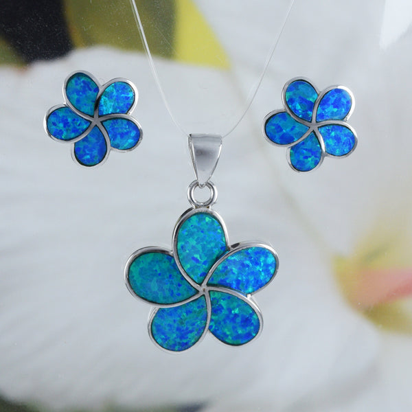 Magnifique collier et boucles d'oreilles en opale bleue hawaïenne Plumeria, pendentif en argent sterling en forme de fleur de Plumeria en opale, cadeau d'anniversaire pour maman N6006