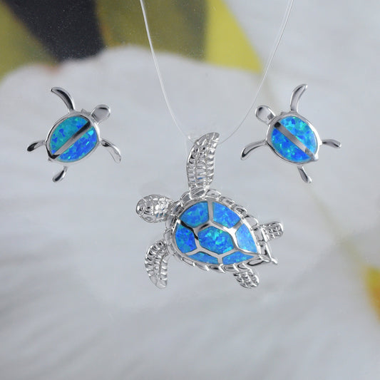 Beautiful Hawaiian Blue Opal Sea Turtle Earring and Necklace, Sterling Silver Blue Opal Turtle Pendant, N6021S Birthday Mother Mom Gift