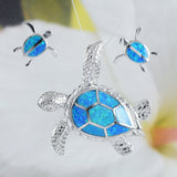 Superbes boucles d'oreilles et collier en forme de tortue de mer hawaïenne de grande taille, pendentif en argent sterling avec opale bleue, cadeau d'anniversaire pour maman, épouse, mère, N6023S