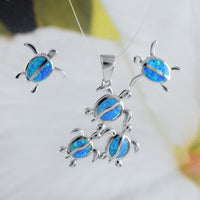 Magnifique collier et boucles d'oreilles pour maman hawaïenne et 2 bébés tortues de mer, pendentif en argent sterling avec opale bleue et tortue N6173S, cadeau d'anniversaire pour maman