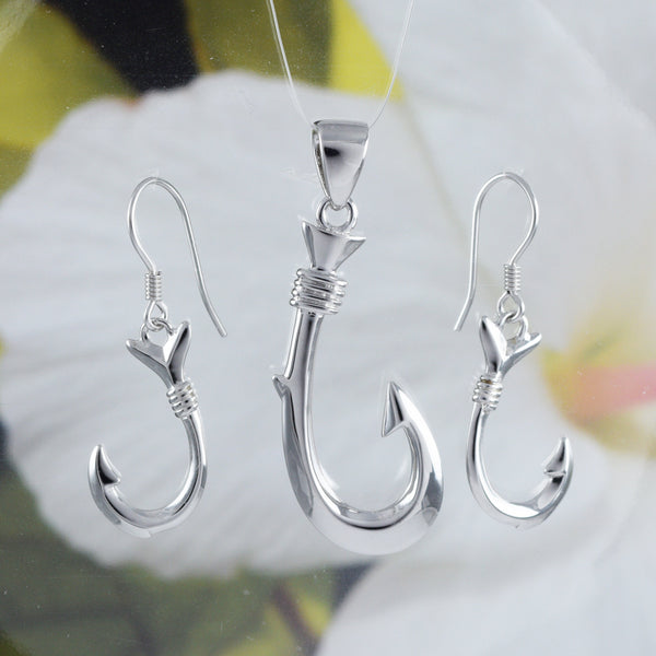 Gorgeous Hawaiian Large 3D Fish Hook Earring and Necklace, Sterling Silver Fish Hook Pendant, N6032S Birthday Mother Mom Gift