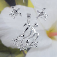 Boucles d'oreilles et collier uniques pour maman et 3 bébés tortues de mer de grande taille, pendentif famille de tortues hawaïennes en argent sterling, cadeau d'anniversaire pour femme et maman N6170S