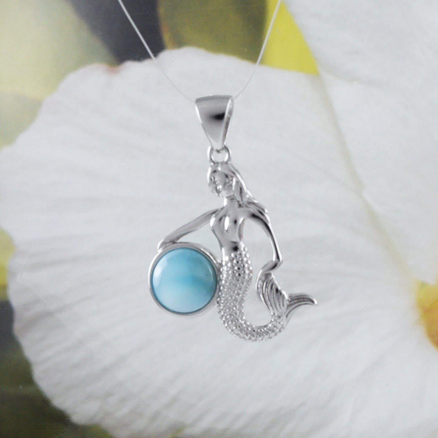 Boucles d'oreilles et collier uniques en véritable larimar hawaïen avec pendentif sirène en argent sterling, N8447S, cadeau d'anniversaire pour mère, épouse, maman