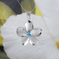 Beautiful Hawaiian Large Genuine Blue Topaz Plumeria Earring and Necklace, Sterling Silver Plumeria Flower Pendant, N8534SH Birthday Gift