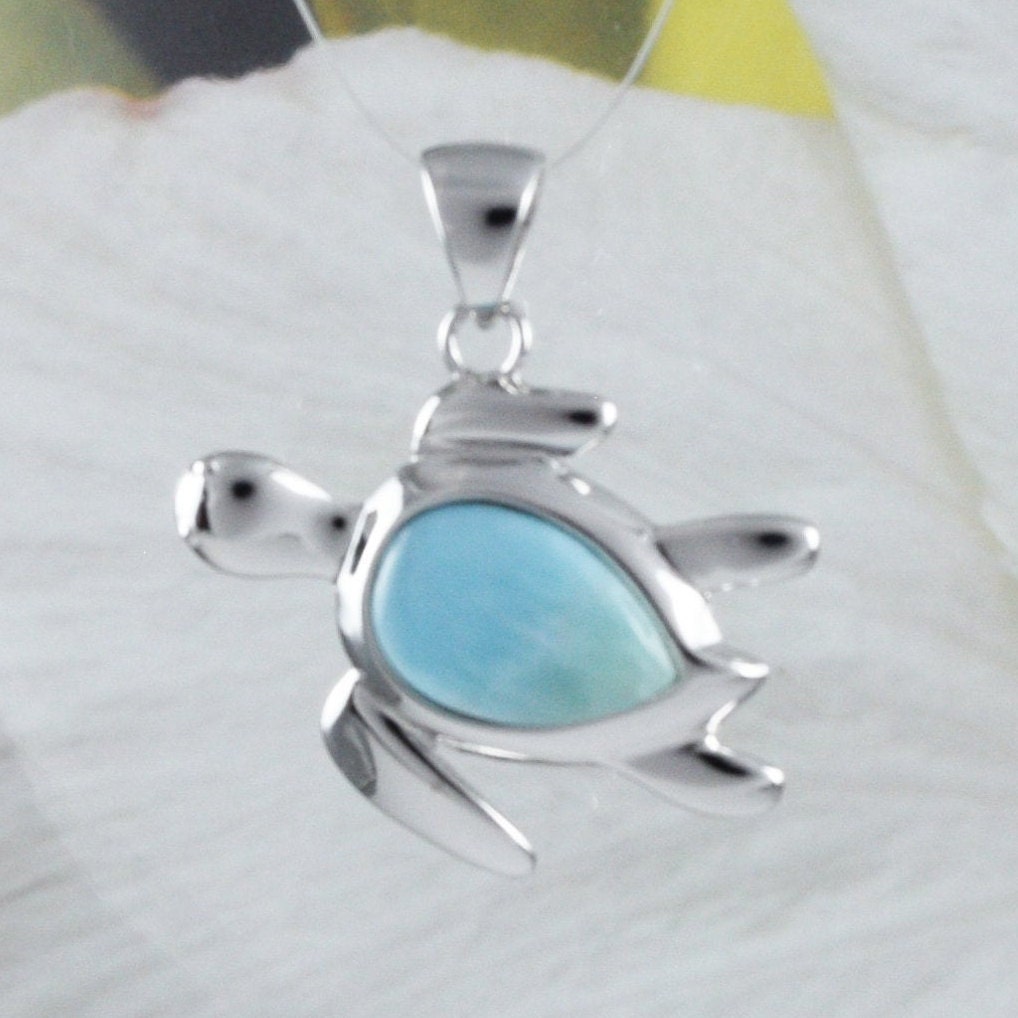 Collier unique en véritable tortue de mer Larimar hawaïenne, pendentif en argent sterling avec tortue Larimar, cadeau d'anniversaire pour mère, épouse, maman, N8436