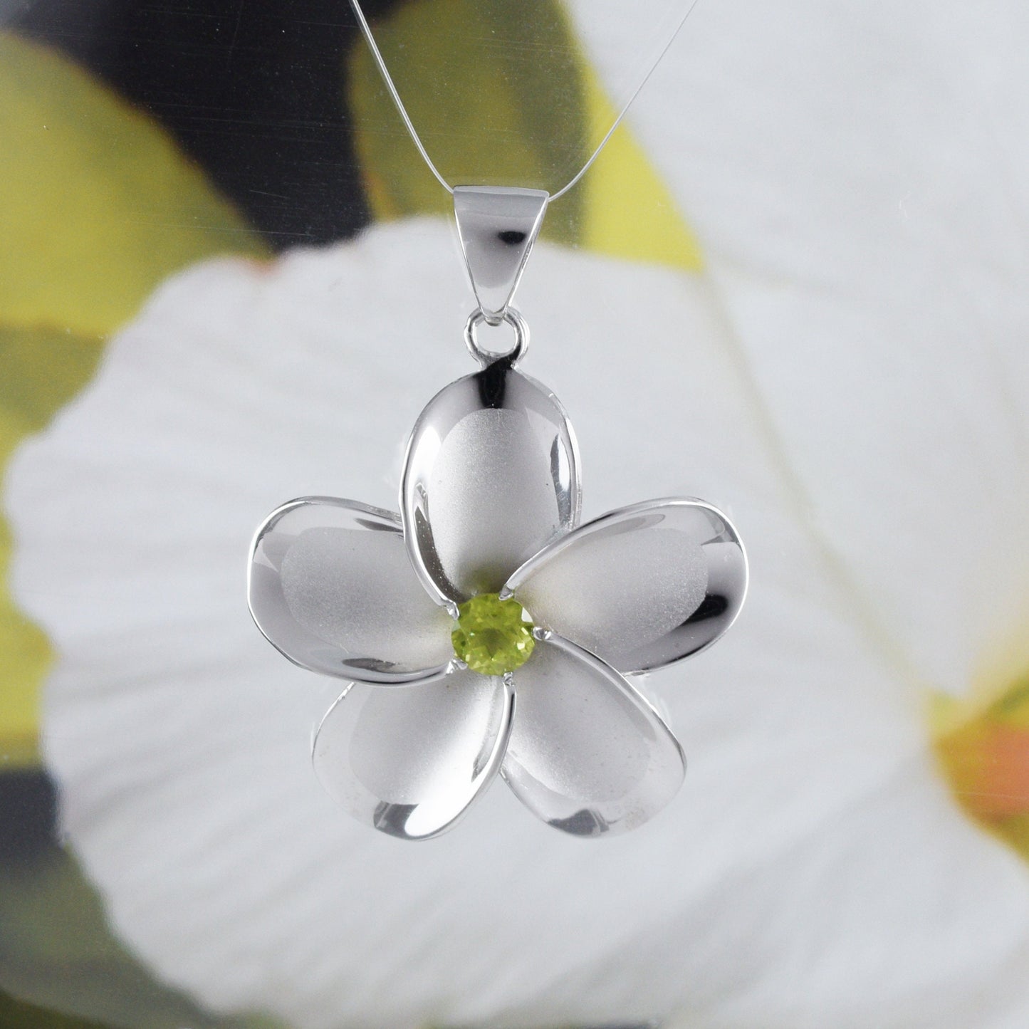 Beautiful Hawaiian X-Large Genuine Peridot Plumeria Necklace, Sterling Silver Plumeria Flower Pendant, N8535 Birthday Mother Mom Gift