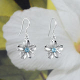 Magnifique boucle d'oreille Plumeria en topaze bleue véritable hawaïenne, boucle d'oreille pendante en argent sterling avec fleur de Plumeria, cadeau d'anniversaire pour maman E8890H