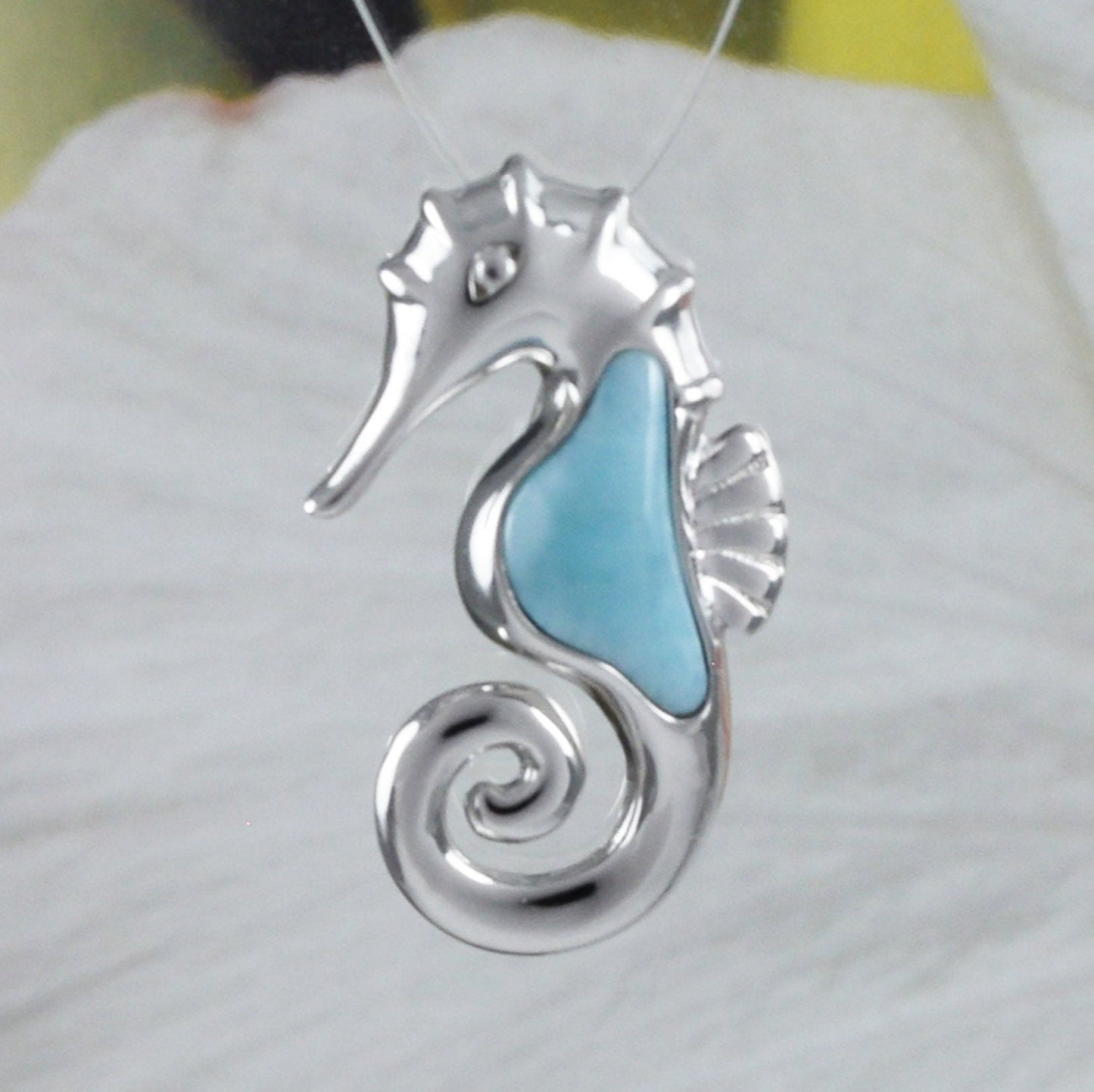 Boucles d'oreilles et collier uniques en véritable hippocampe hawaïen en larimar, pendentif en argent sterling avec hippocampe en larimar, cadeau d'anniversaire, de Saint-Valentin, N8446S