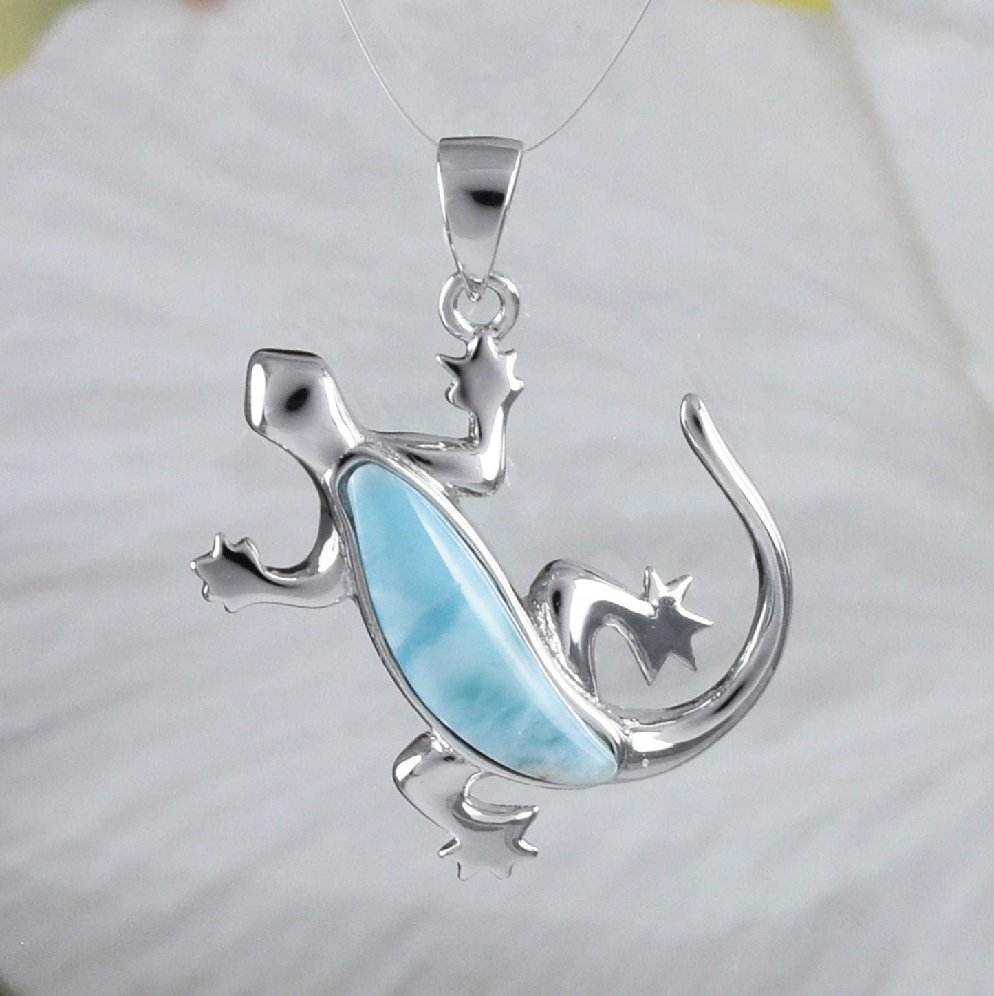 Collier unique en véritable larimar gecko hawaïen, pendentif en argent sterling larimar gecko, cadeau d'anniversaire pour mère, épouse, maman, N8451