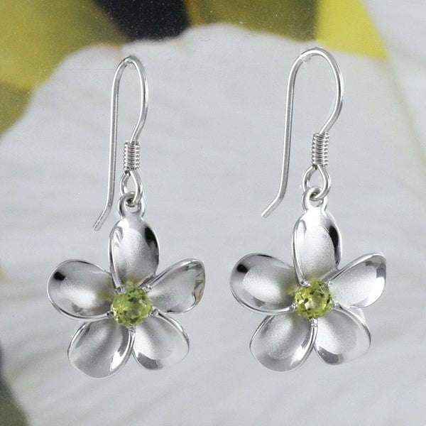 Magnifique boucle d'oreille en véritable péridot hawaïen Plumeria, boucle d'oreille pendante en argent sterling avec fleur de Plumeria, cadeau d'anniversaire pour maman E8889H