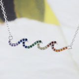 Unique Hawaiian Rainbow Ocean Wave Necklace, Sterling Silver Multi-Color Stone Wave Necklace, N8542 Birthday Mom Mother Gift