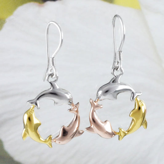 Unique Beautiful Hawaiian Tri-color 3 Dolphin Earring, Sterling Silver Dolphin Dangle Earring, E8560 Birthday Wife Mom Valentine Gift