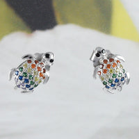 Unique Hawaiian Rainbow Sea Turtle Earring, Sterling Silver Multi-Color Stone Turtle Stud Earring, E8544 Birthday Wife Mom Mother Gift