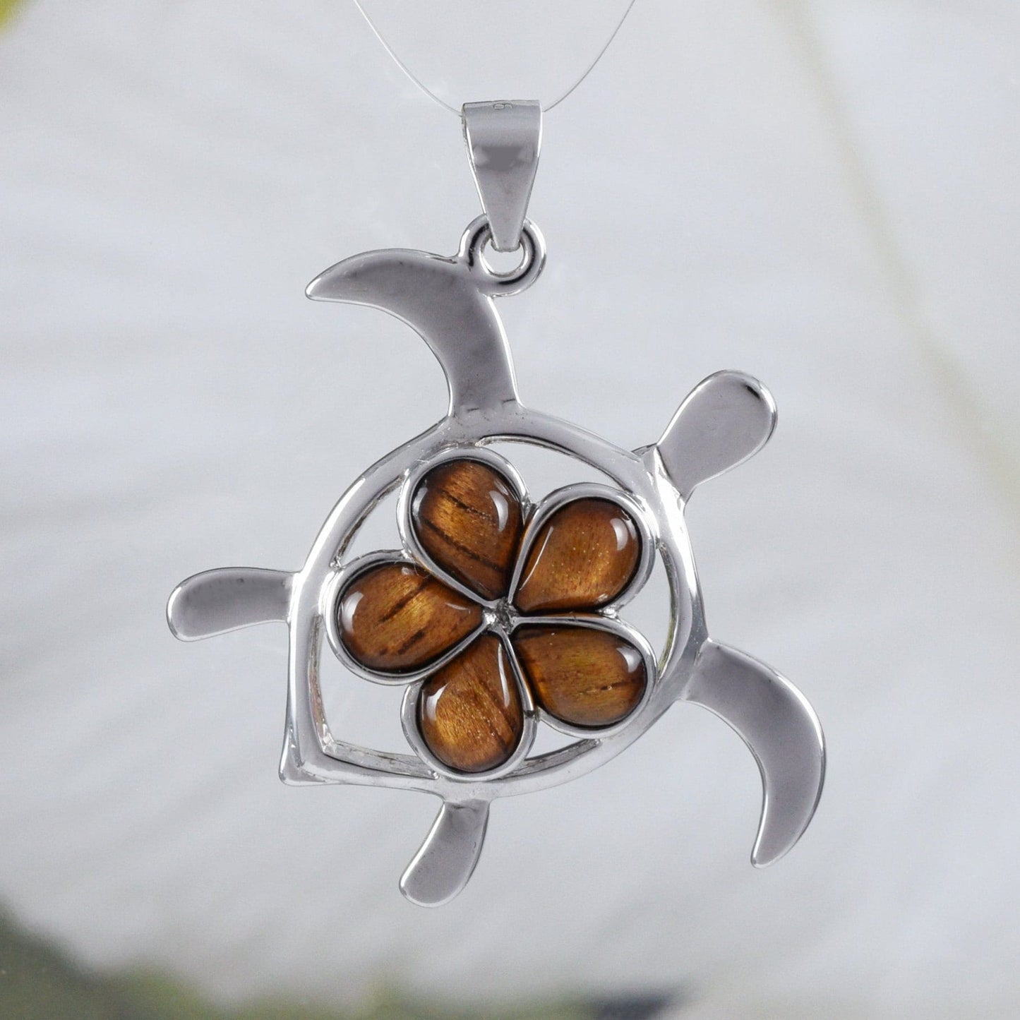 Beautiful Hawaiian Large Genuine Koa Wood Sea Turtle Necklace, Sterling Silver Koa Wood Plumeria Turtle Pendant, N8506 Birthday Mom Gift