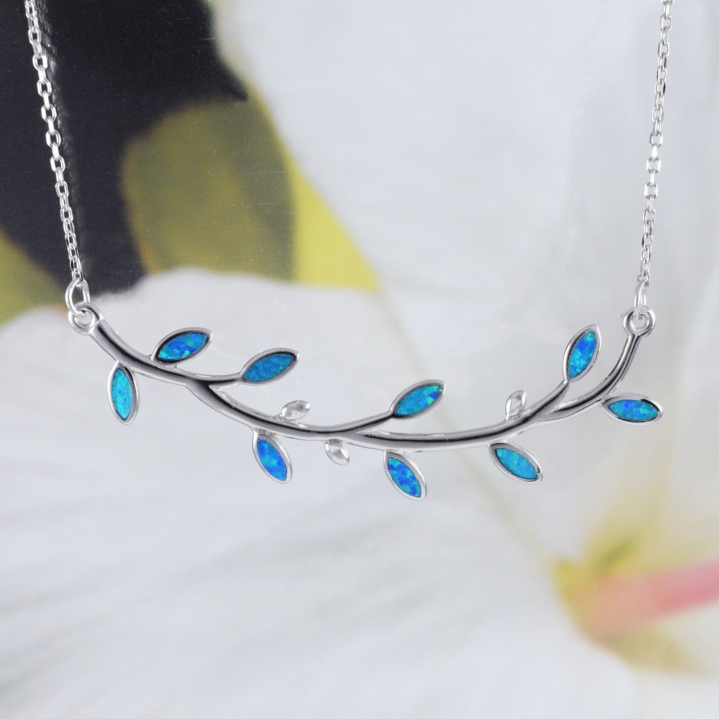 Unique Beautiful Large Hawaiian Blue Opal Maile Leaf Necklace, Sterling Silver Blue Opal Maile Leaf Necklace, N8391 Birthday Mother Gift