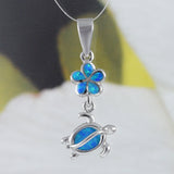 Boucles d'oreilles et collier uniques et magnifiques en forme de tortue de mer Plumeria en opale bleue hawaïenne, pendentif en argent sterling en forme de tortue Plumeria en opale bleue, N8372S