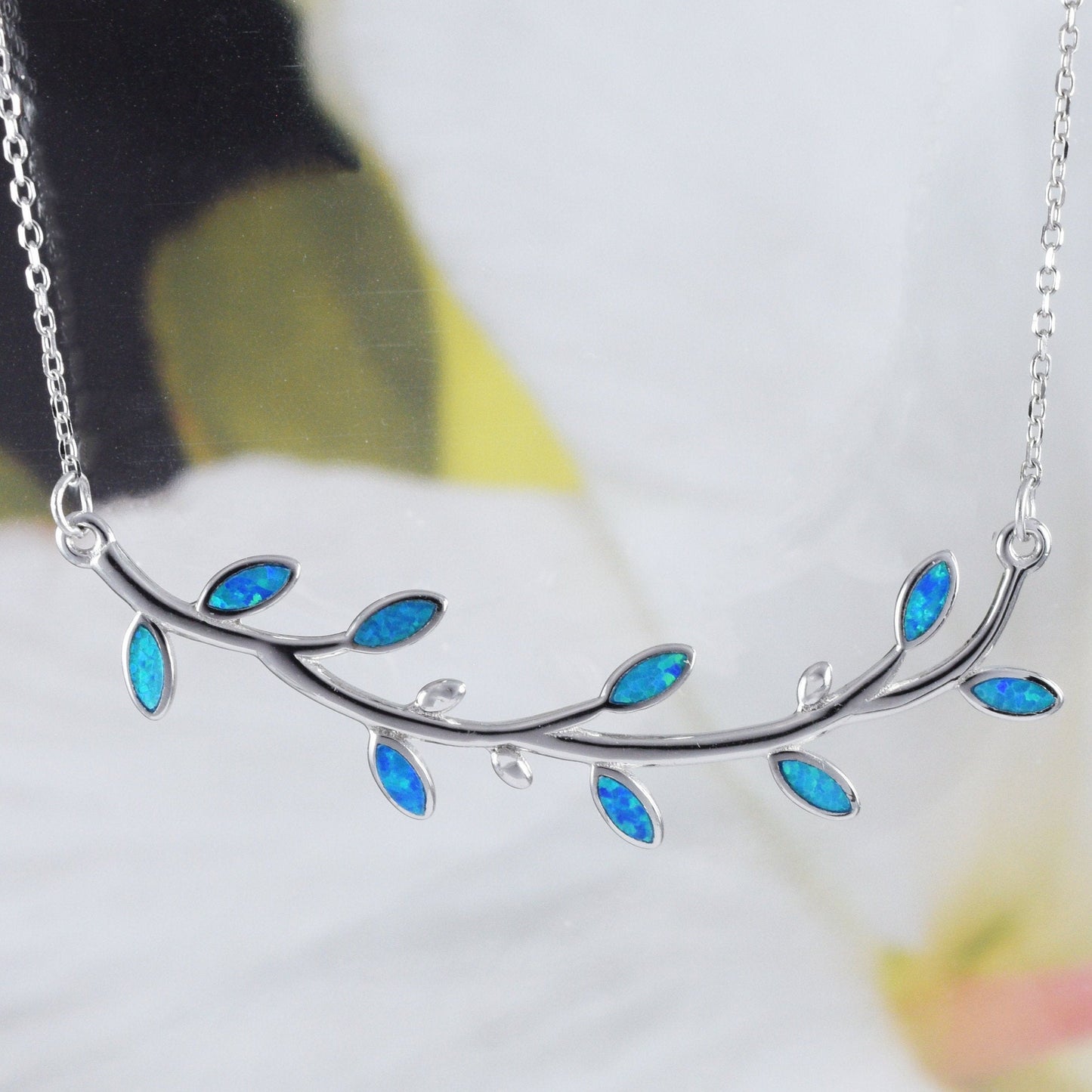 Unique Beautiful Large Hawaiian Blue Opal Maile Leaf Necklace, Sterling Silver Blue Opal Maile Leaf Necklace, N8391 Birthday Mother Gift