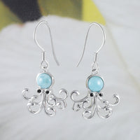 Boucles d'oreilles uniques en forme de pieuvre en larimar véritable hawaïen, boucles d'oreilles pendantes en argent sterling avec larimar, cadeau d'anniversaire pour maman E8473