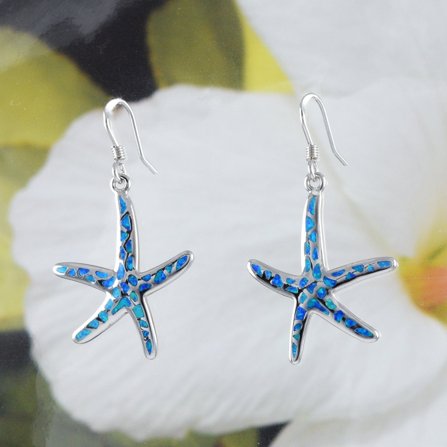 Unique Gorgeous Hawaiian X-Large Blue Opal Starfish Earring, Sterling Silver Blue Opal Starfish Dangle Earring, E8408 Birthday Wife Mom Gift