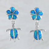 Boucles d'oreilles uniques en forme de tortue de mer en opale bleue hawaïenne Plumeria, boucles d'oreilles à tige en argent sterling en forme de tortue en opale Plumeria, cadeau d'anniversaire pour maman E8403