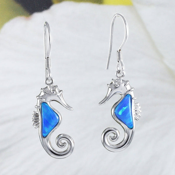 Magnifique boucle d'oreille hippocampe en opale bleue hawaïenne, boucle d'oreille pendante en argent sterling avec opale bleue, cadeau d'anniversaire pour maman E8411