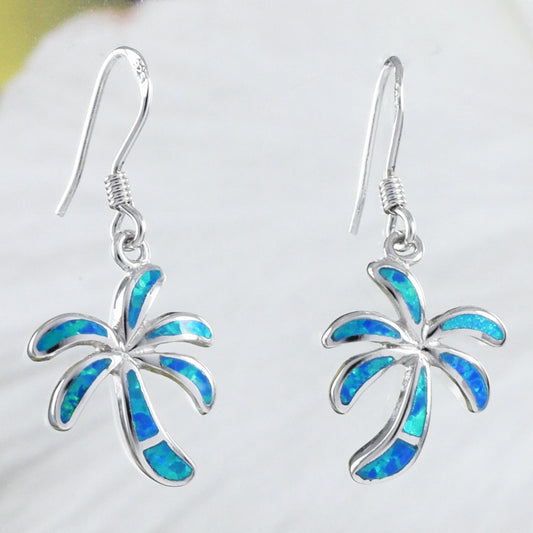 Stunning Hawaiian Blue Opal Palm Tree Earring, Sterling Silver Blue Opal Palm Tree Dangle Earring, E8420 Birthday Mom Mother Gift