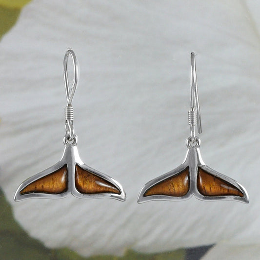 Unique Hawaiian Large Genuine Koa Wood Whale Tail Earring, Sterling Silver Koa Wood Whale Tail Dangle Earring, E8426 Mother Wife Mom Gift