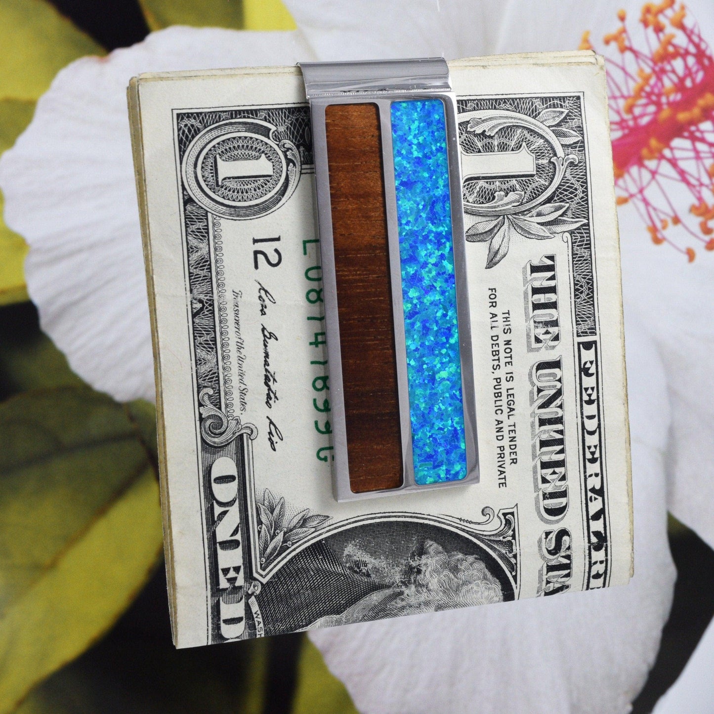 Gorgeous Hawaiian X-Large Genuine Koa Wood Blue Opal Money Clip, Stainless Steel Hawaiian Money Clip, N8430 Birthday Gift, Statement PC - Hawaii Treasures Shop