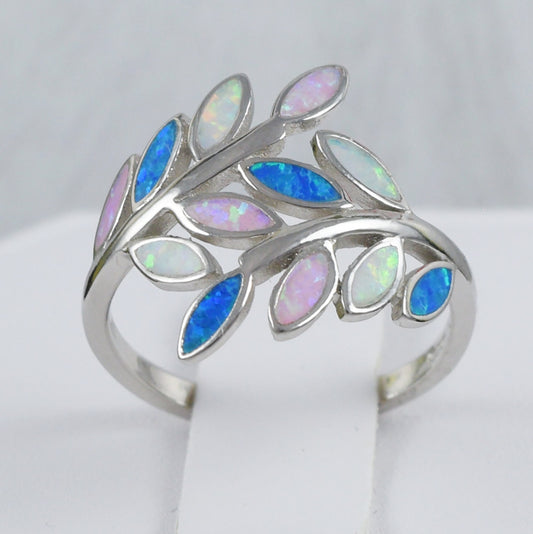 Unique Beautiful Hawaiian Large Tri-color Opal Maile Leaf Ring, Sterling Silver Opal Maile Leaf Ring, R2382 Birthday Mom Wife Mother Gift