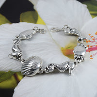 Unique Gorgeous Hawaiian X-Large Seahorse Seashell Mermaid Crab Bracelet, Sterling Silver Sealife Bracelet, B3305 Birthday Mom Gift