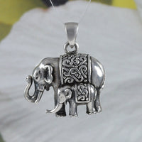 Unique Hawaiian Mom and Baby Elephant Necklace, Sterling Silver Elephant Pendant, High Polish & Oxidized Finish, N8595 Statement PC