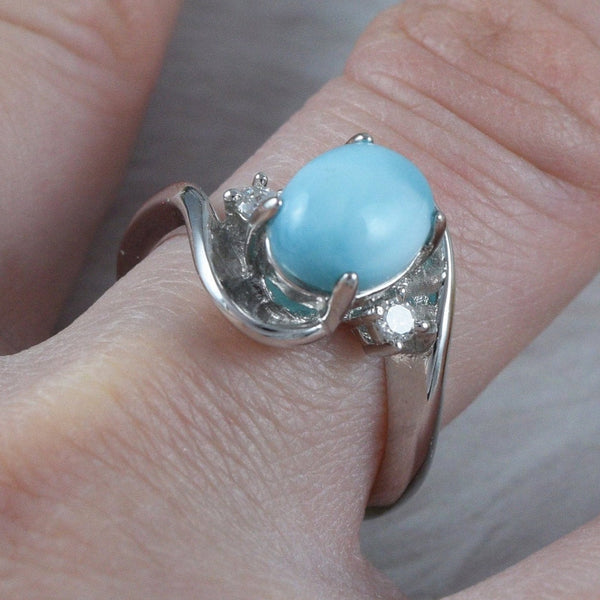 Gorgeous Hawaiian Genuine Larimar Ring, Sterling Silver Natural Larimar CZ Ring, R2386 Birthday Mom Wife Mother Anniversary Gift