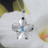 Beautiful Hawaiian X-Large Genuine Blue Topaz Plumeria Earring and Necklace, Sterling Silver Plumeria Flower Pendant, N8533S Birthday Gift