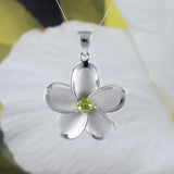 Beautiful Hawaiian Genuine Peridot Plumeria Necklace, Sterling Silver Plumeria Flower Pendant, N9153 Birthday Mother Mom Gift