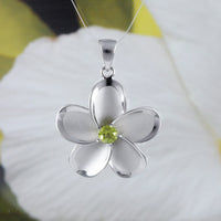 Beautiful Hawaiian Large Genuine Peridot Plumeria Earring and Necklace, Sterling Silver Plumeria Flower Pendant, N8536S Birthday Mother Gift