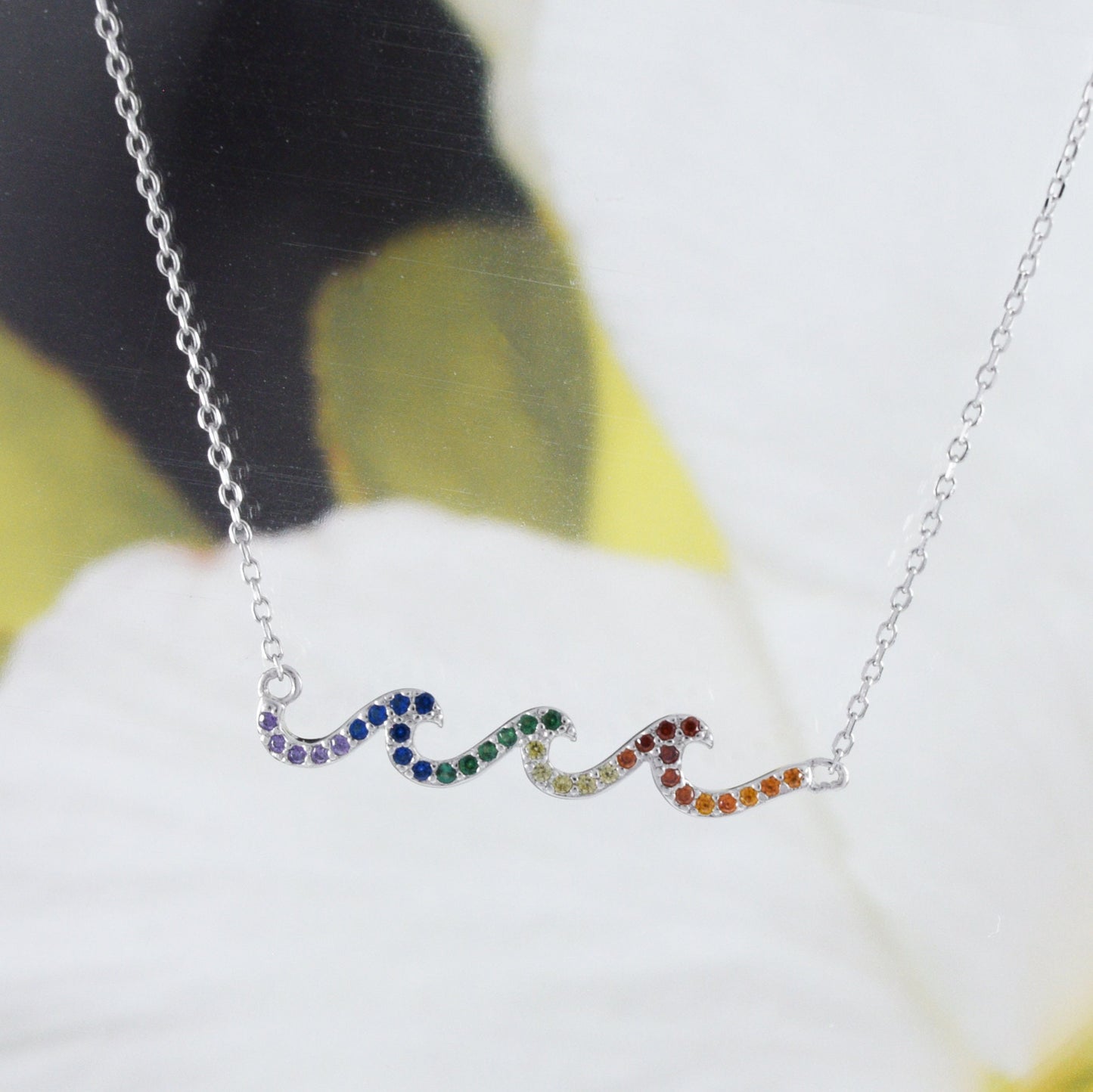 Unique Hawaiian Rainbow Ocean Wave Necklace, Sterling Silver Multi-Color Stone Wave Necklace, N8542 Birthday Mom Mother Gift