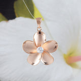 Beautiful Hawaiian Large Plumeria Necklace, Sterling Silver Rose-Gold Plated Plumeria Flower CZ Pendant, N8545 Birthday Mother Mom Gift