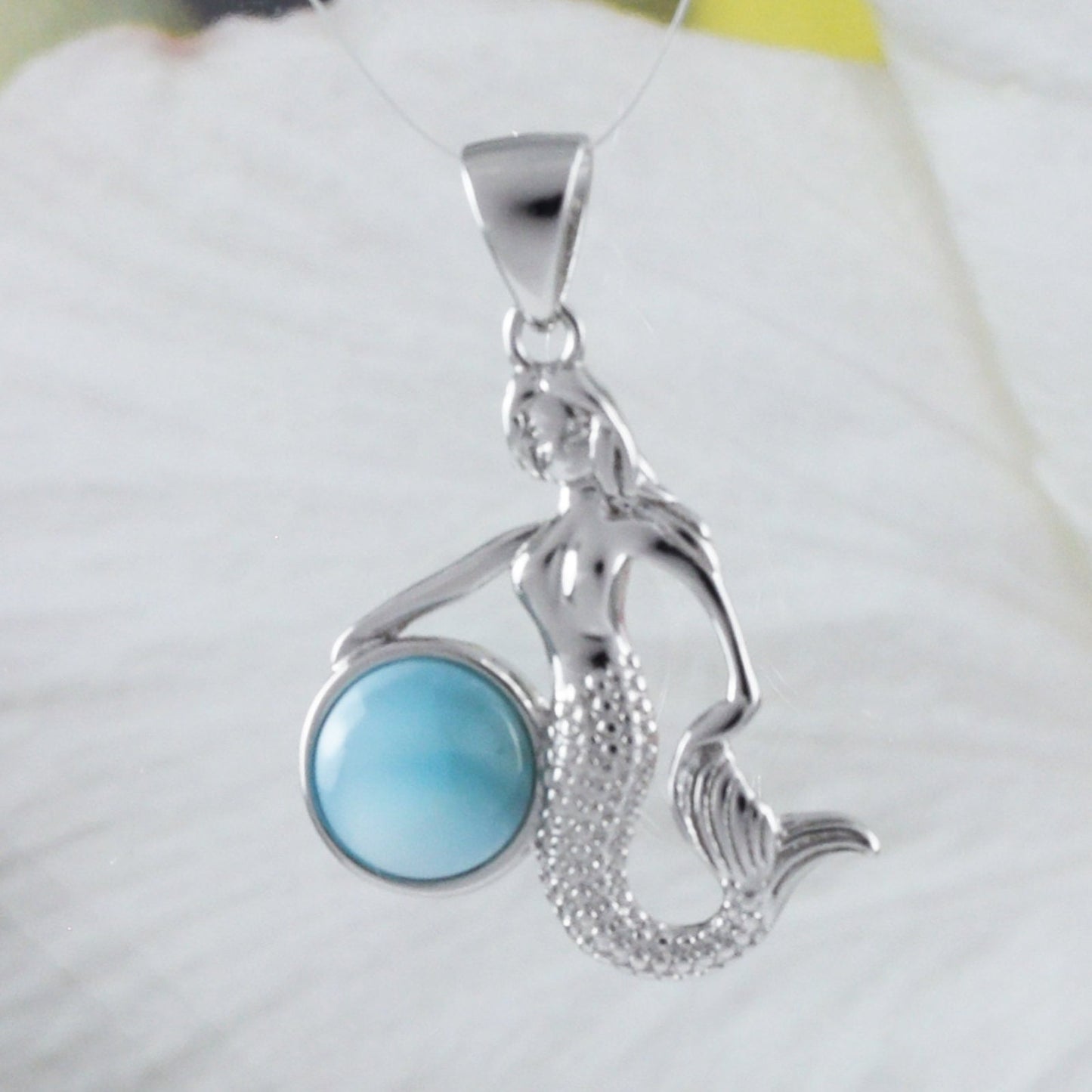 Collier unique en véritable larimar hawaïen avec pendentif sirène en argent sterling, N8447, cadeau d'anniversaire pour mère, épouse, maman