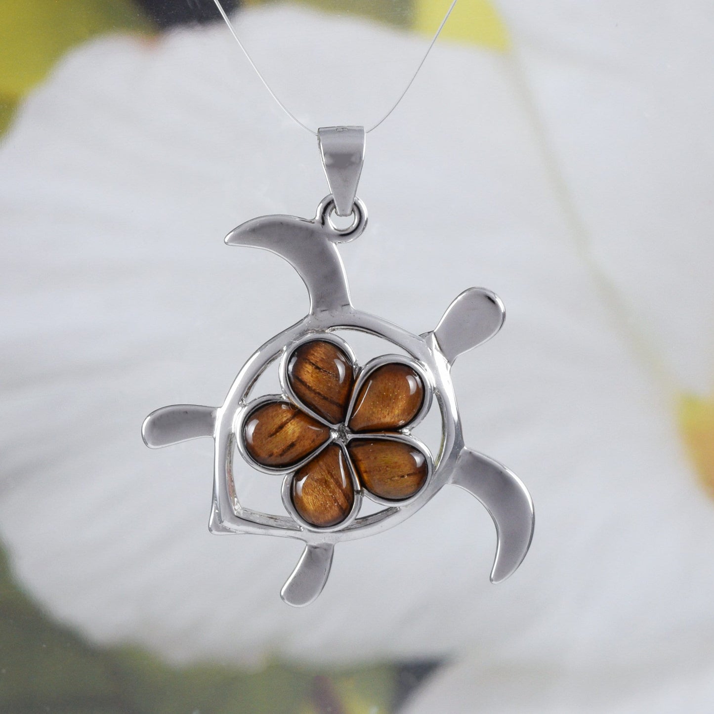 Beautiful Hawaiian Large Genuine Koa Wood Sea Turtle Necklace, Sterling Silver Koa Wood Plumeria Turtle Pendant, N8506 Birthday Mom Gift