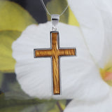 Gorgeous Hawaiian X-Large Genuine Koa Wood Cross Necklace, Sterling Silver Cross Pendant, N8517 Birthday Mother Gift