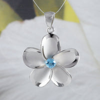 Beautiful Hawaiian Large Genuine Blue Topaz Plumeria Earring and Necklace, Sterling Silver Plumeria Flower Pendant, N8534SH Birthday Gift