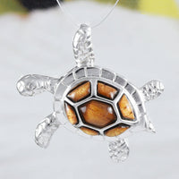 Unique Hawaiian Genuine Koa Wood Sea Turtle Earring and Necklace, Sterling Silver Koa Wood Turtle Pendant, N8503S Birthday Mother Mom Gift