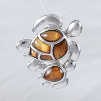 Unique Hawaiian Genuine Koa Wood Mom and Baby Sea Turtle Earring and Necklace, Sterling Silver Turtle Pendant, N8509SH Birthday Mother Gift